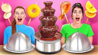 CHOCOLATE FOUNTAIN FONDUE CHALLENGE  Chocolate VS Real Food For 24 Hours By 123 GO CHALLENGE [upl. by Cida]