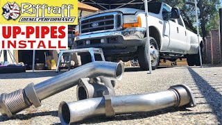 2001 F350 73  RiffRaff UpPipes Install  Stock up pipes leaking and falling apart JUNK SP [upl. by Bornie]