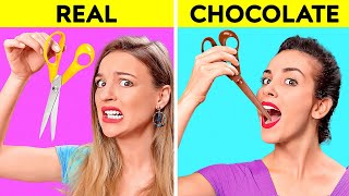 REAL VS CHOCOLATE FOOD CHALLENGE  Last To STOP Eating Wins Taste Test by 123 GO CHALLENGE [upl. by Akehsay708]