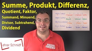 Summand Summe Minuend Subtrahend Differenz Faktor Produkt Dividend Divisor Quotient [upl. by Piselli]